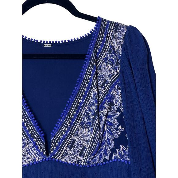 Free People XS Blue V-neck Tunic Mini Dress Sexy Babydoll Flowy Boho Festival - Picture 6 of 16